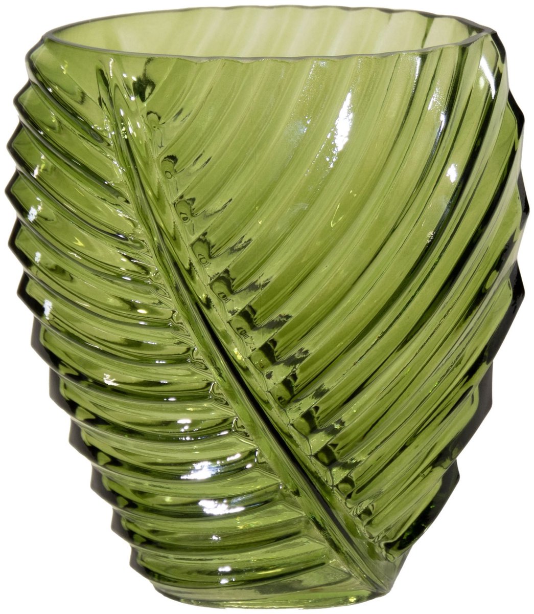 Mega Collections Bloemenvaas Leafy - groen - glas - blader relief - 11 x 21 cm