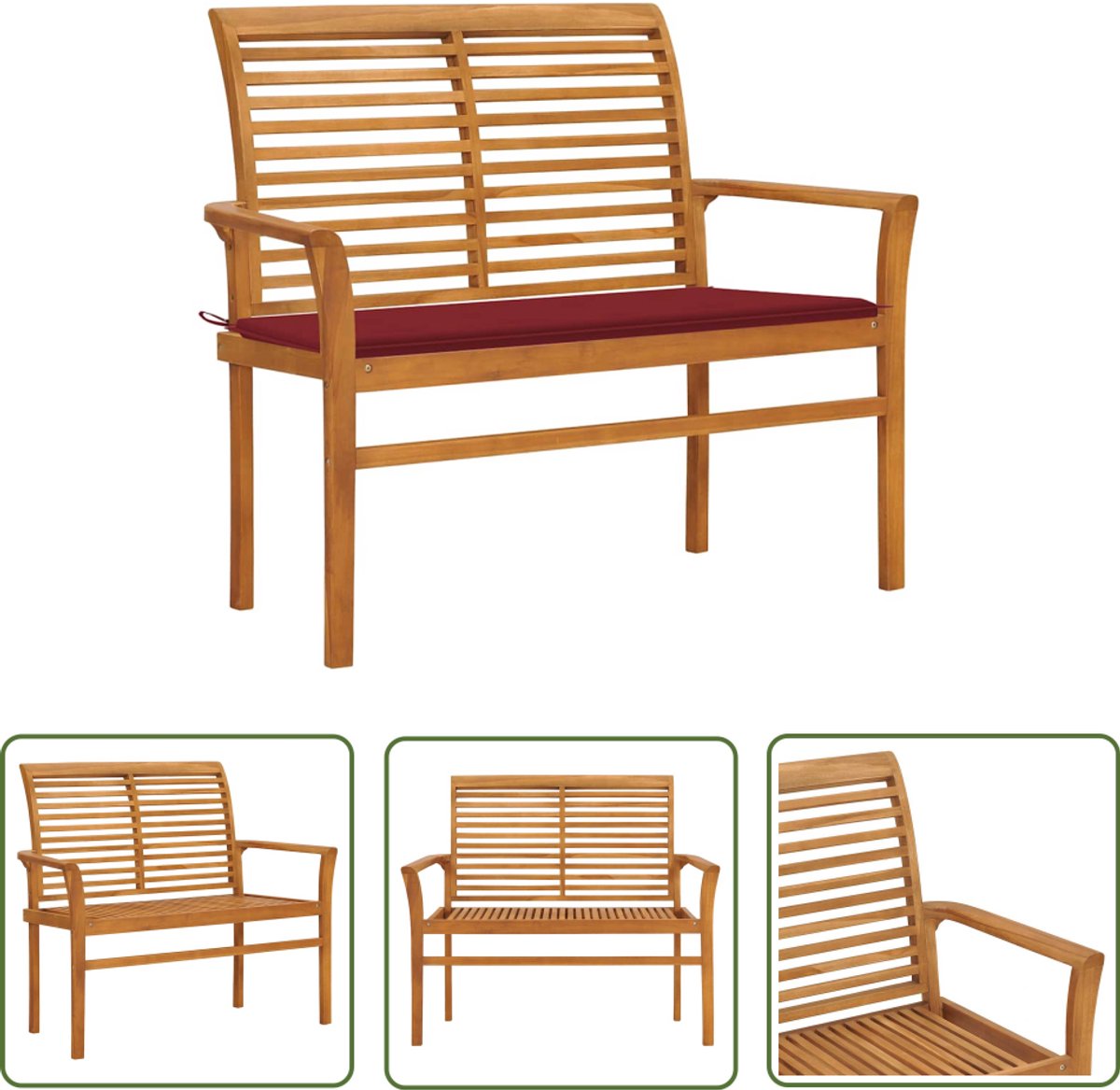 vidaXL Teak Hout - Tuinbank - Tuinbank met wijnrood kussen 112 cm massief teakhout - Outdoor Meubilair - Tuinset - Lounge Set