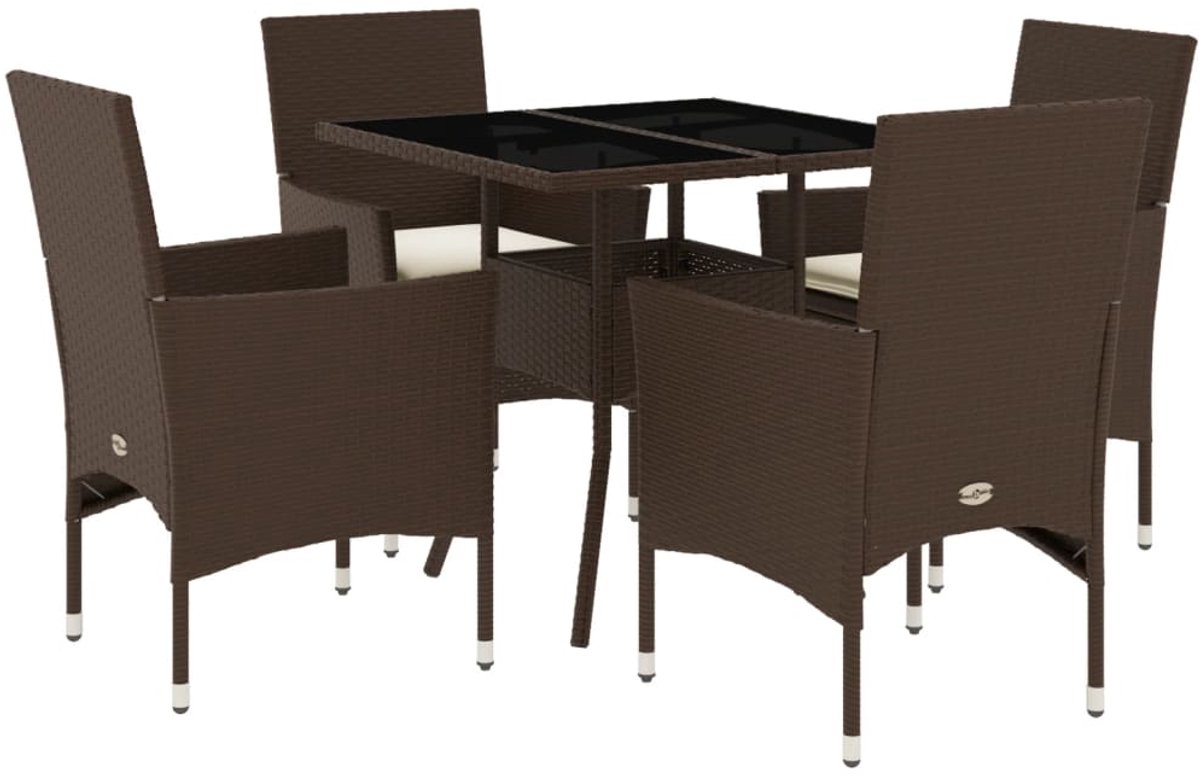 The Living Store 5-delige Tuinset met kussens poly rattan en glas bruin - Tuinset - Buis Meubel - Eetkamerset - Patio Set - Outdoor Furniture