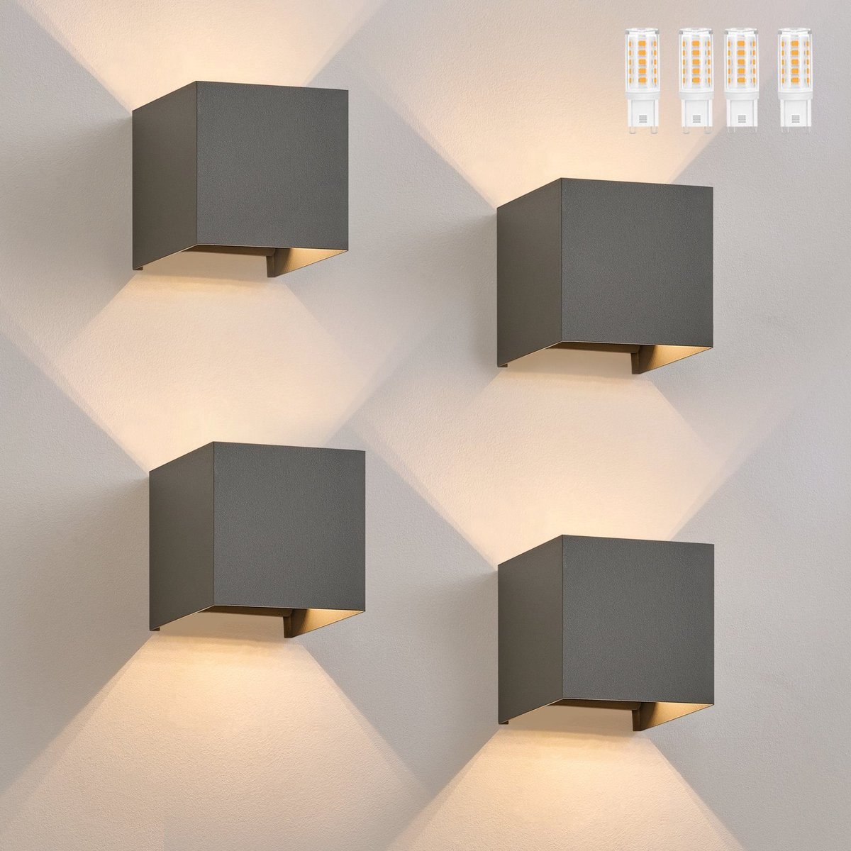NETTLIFE Wandlamp LED - 4 stuks - grijs - G9 - up down Licht - Geschikt voor binnen en buiten - IP65 - warm wit 3000K - Wandlampen voor tuin