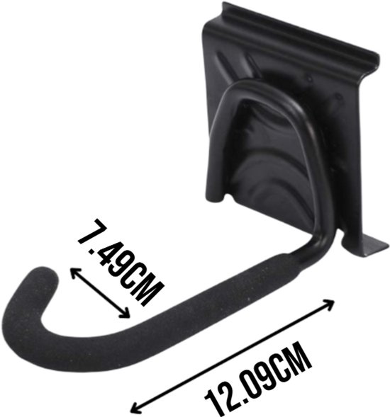 Zwarte metalen fietsophanghaak met schuimrubber beklede arm, 12,09 cm lang.