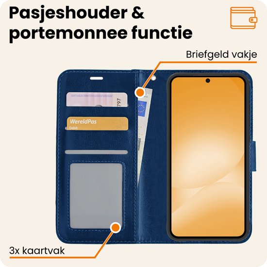 Open donkerblauwe bookcase met lederlook, met drie kaartvakken en een geldvak.