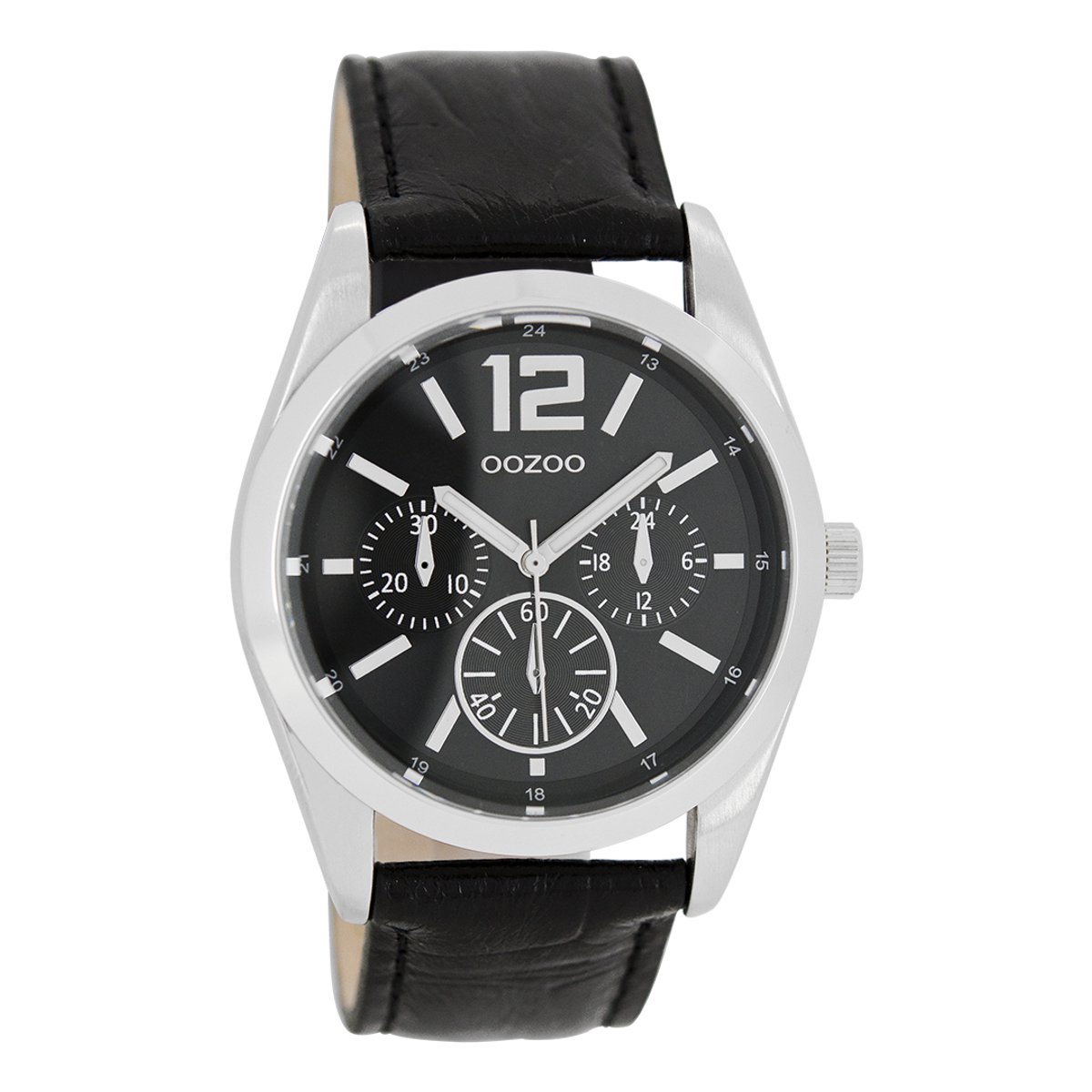OOZOO Timepieces - Zilverkleurige horloge met zwarte leren band - C7623