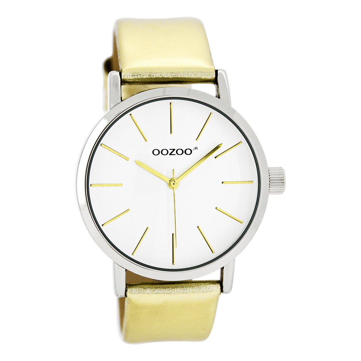 OOZOO Timepieces - Zilverkleurige horloge met goudkleurige leren band - JR276
