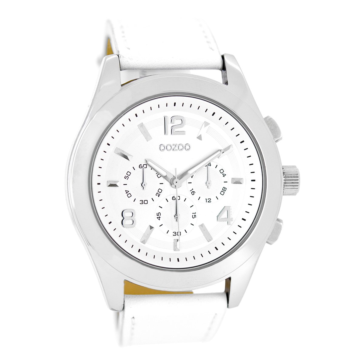 OOZOO Timepieces - Zilverkleurige horloge met witte leren band - C6585