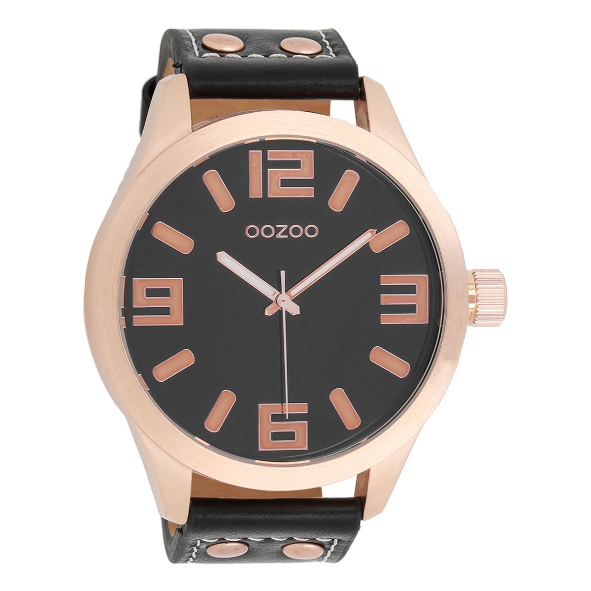 OOZOO Timepieces - Rosé goudkleurige horloge met zwarte leren band - C1109