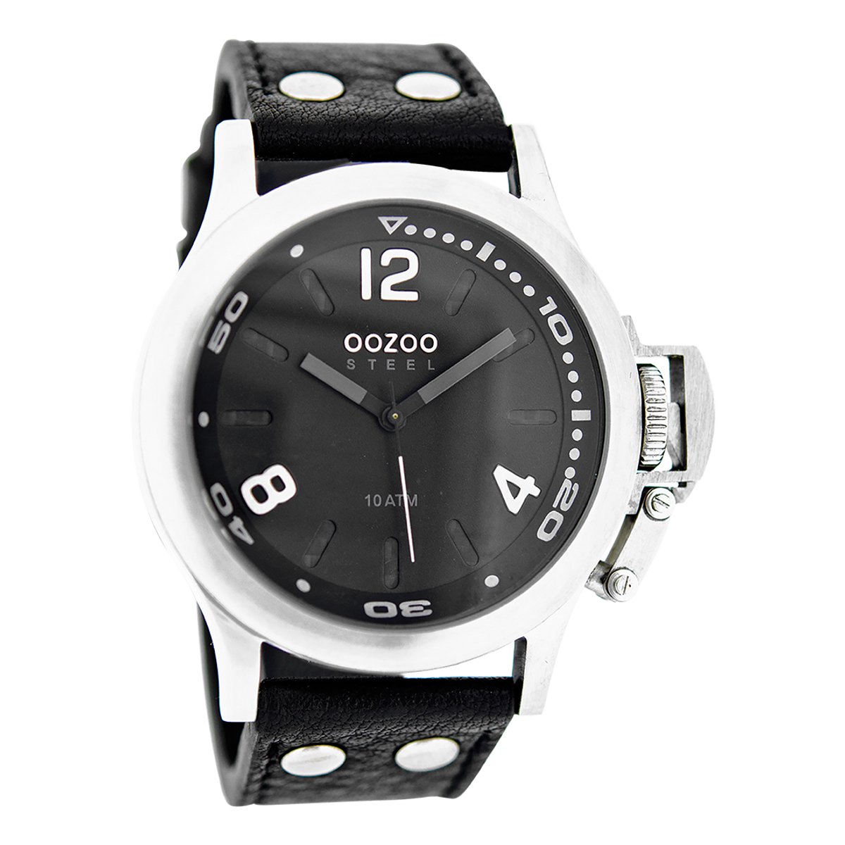 OOZOO Timepieces - Zilverkleurige horloge met zwarte leren band - OS328
