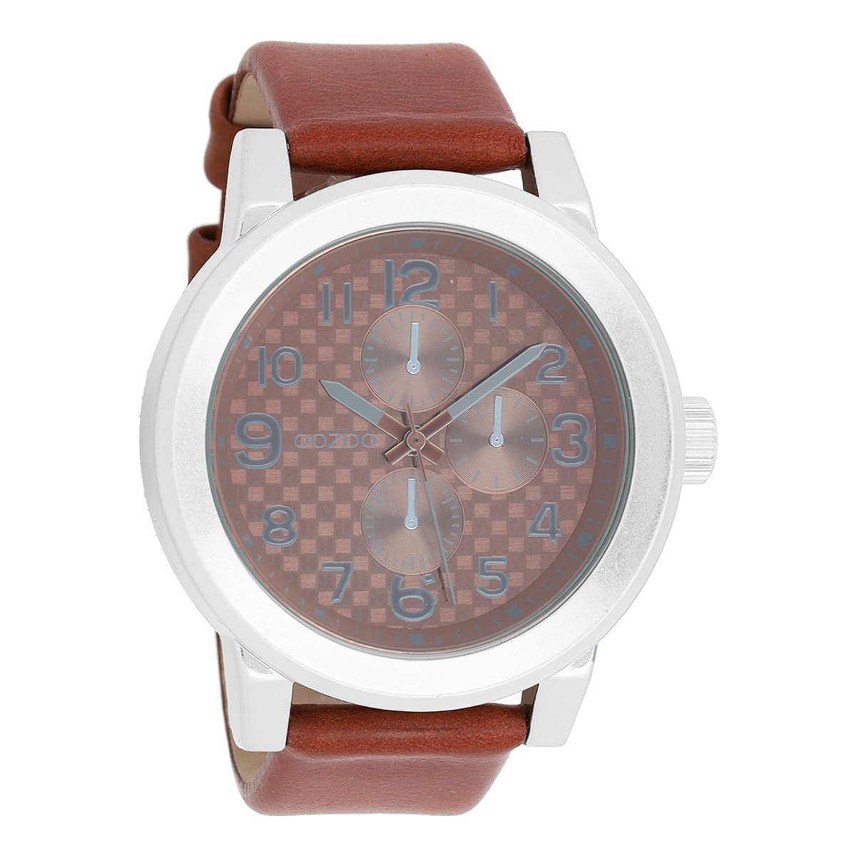 OOZOO Timepieces - Zilverkleurige horloge met bruine leren band - C5582