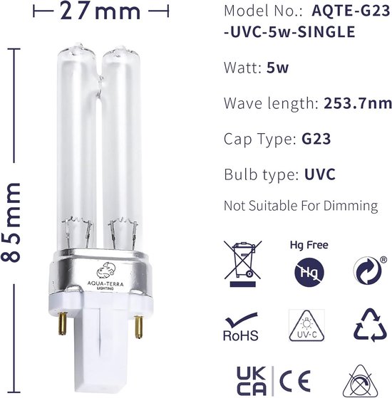 Germicidal QUARTZ UVC PL LAMP 9W G23   KC UVC PL9W U/H   KCHAIN OR OEM