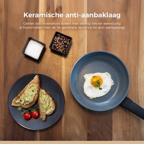 Een gebakken ei en avocado toast in een pan, met kruiden.