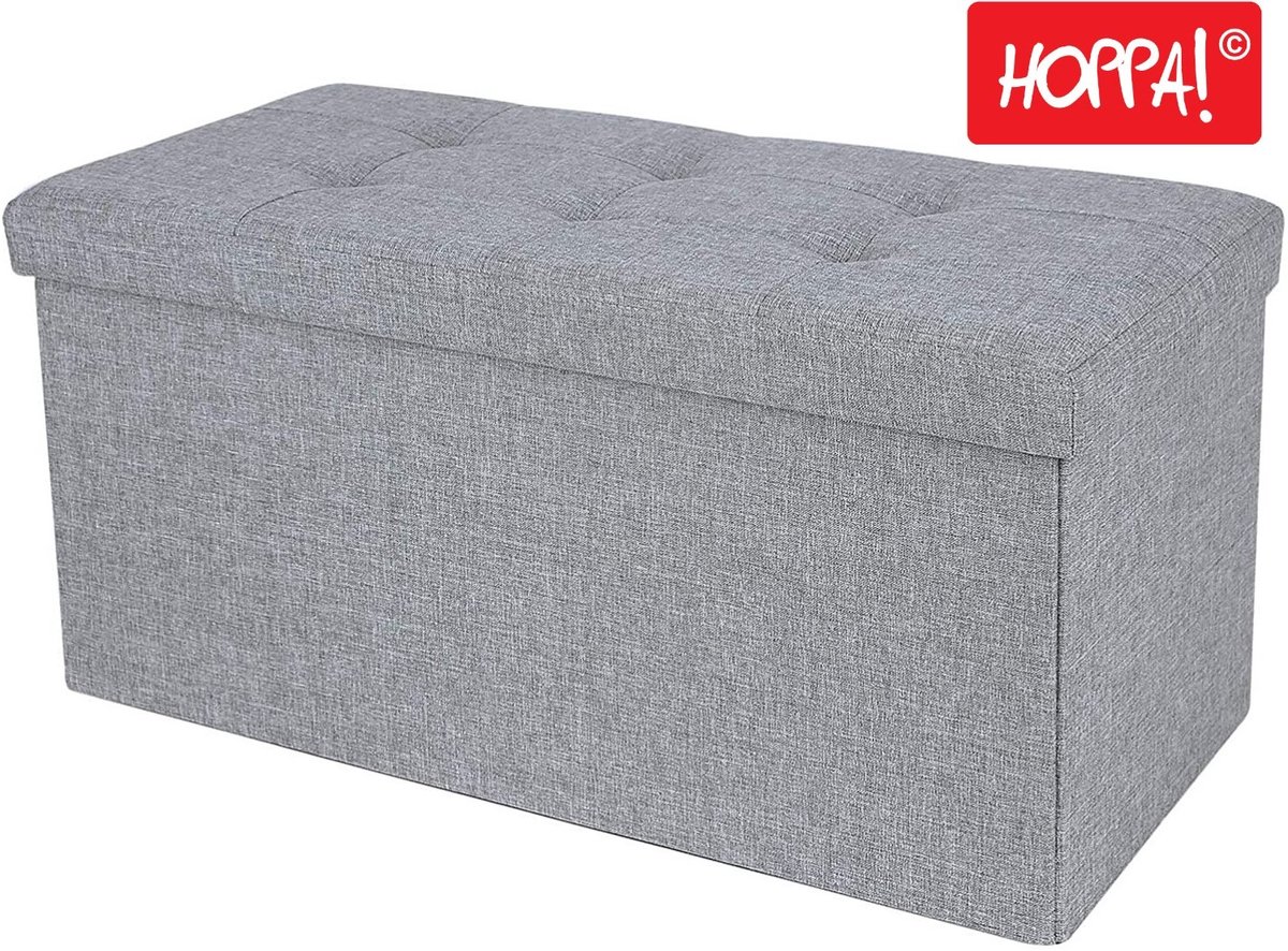 Hoppa! Zitbank - zitkist - zitpoef - voetenbank - hocker met opbergruimte en deksel - Grijs - Linnen - 77 x 39 x 39 cm | Max. Belastbaarheid 300 kg
