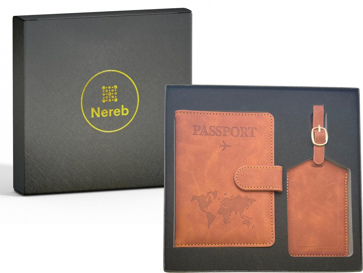 Nereb - Paspoorthouder - Paspoort hoes - Bruin - Anti RFID - Magneet sluiting - gift set
