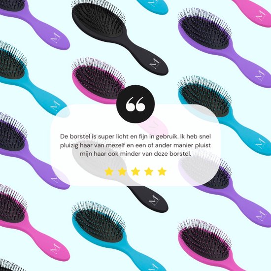 Mozaïek van gekleurde haarborstels: paars, blauw, roze en zwart. Een klantbeoordeling is zichtbaar.