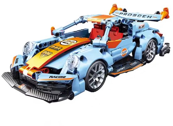 bouwblokjes blauwe sportwagen, ca. 523 blokjes met pull back motortje| te combineren met Technisch Lego | sportauto bouwpakket | sportauto bouwset | past op technisch Lego speelgoed