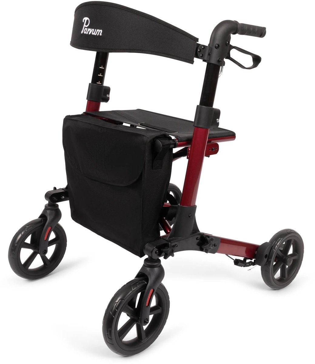 Goedkoopste Parvum Brava - Driedubbel én dubbel opvouwbare rollator - Opvouwbaar tot klein pakketje - Remkabels weggewerkt - Inclusief tas, stokhouder en rugband - Rood