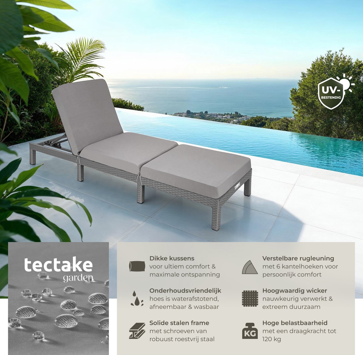 tectake® - Luxe wicker tuinligstoel met 5 verstelbare rugleuningposities, comfortabele vulling en stijlvol design, stabiel stalen frame, onderhoudsvriendelijk, voor tuin, terras, zwembad - grijs — afbeelding 4