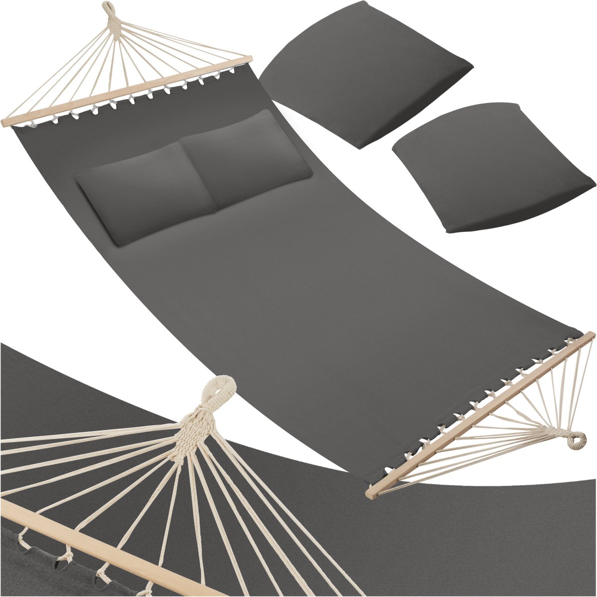 tectake® Dubbele hangmat voor 2 personen - Inclusief 2 kussens en spreidstokken - Ligvlak ca. 230x145 cm - Draagvermogen tot 240 kg - Diverse kleuren - Donkergrijs