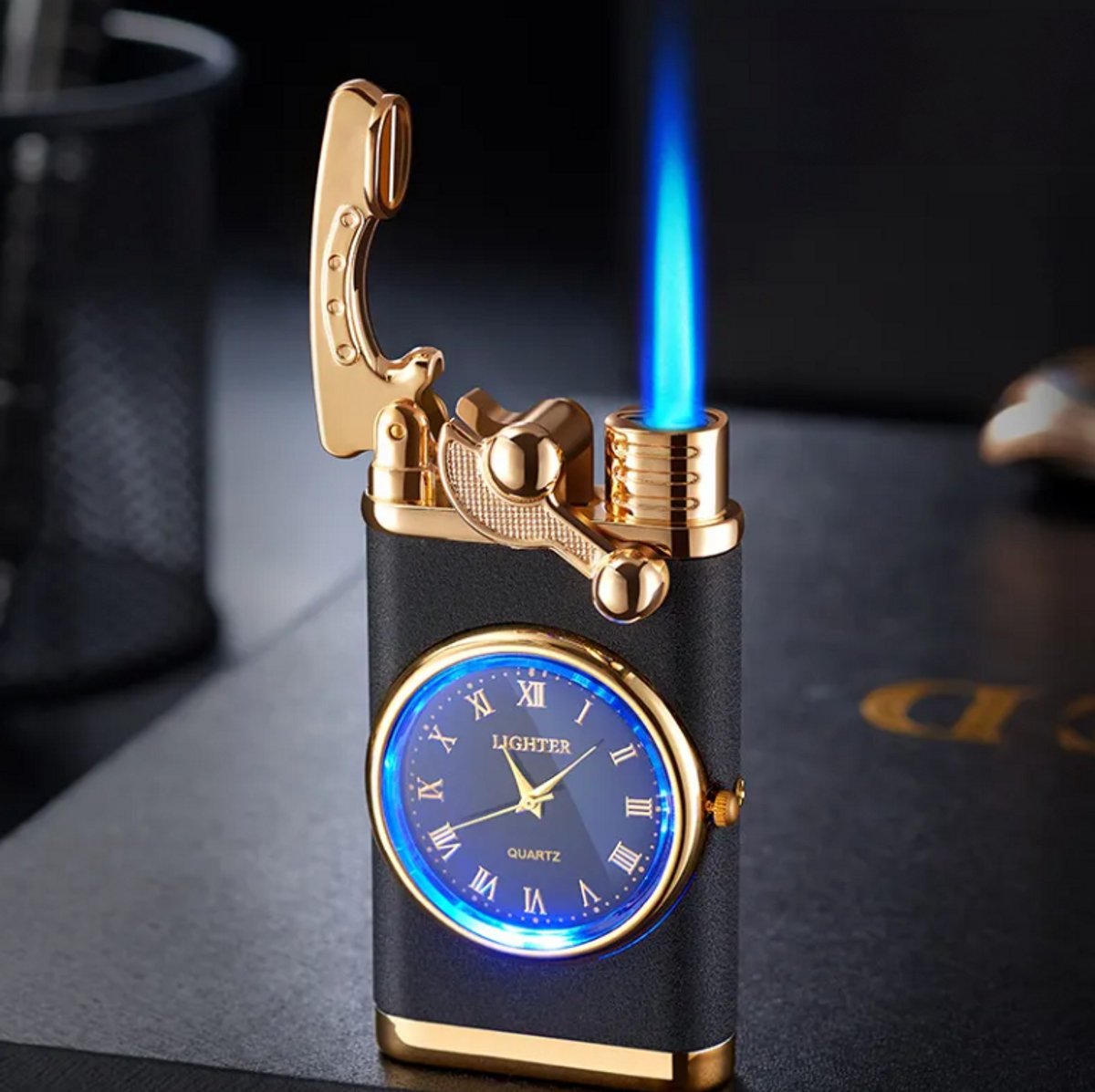 Stormaansteker met horloge functie - Zwart