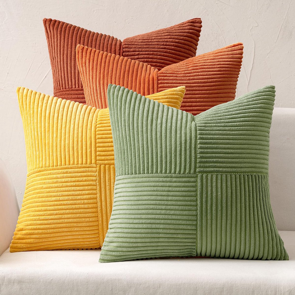 My Ninki ® Set van 4 Moderne Kussenslopen in Corduroy Patchwork Design met Onzichtbare Ritssluiting voor Huisdecoratie