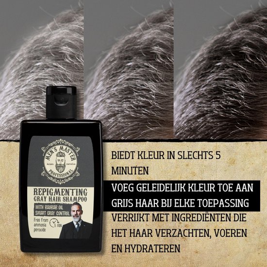 Fles Men's Master Repigmenting Gray Hair Shampoo met tekst in het Nederlands en afbeeldingen van grijs haar.