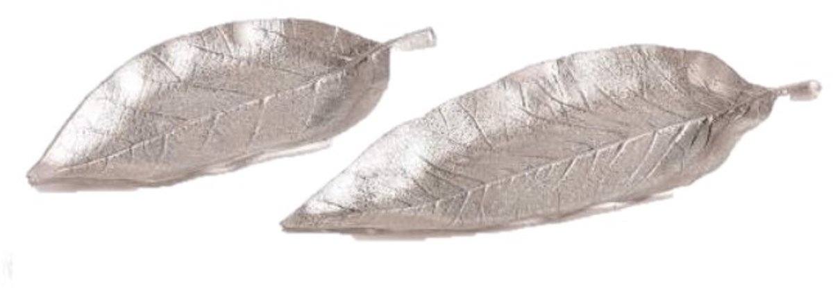 Set van 2 dienbladen in de vorm van een blad uit kunsthars kleur zilver Groot: cm 27,5 x 9,5 H Klein: 22 x 8,5