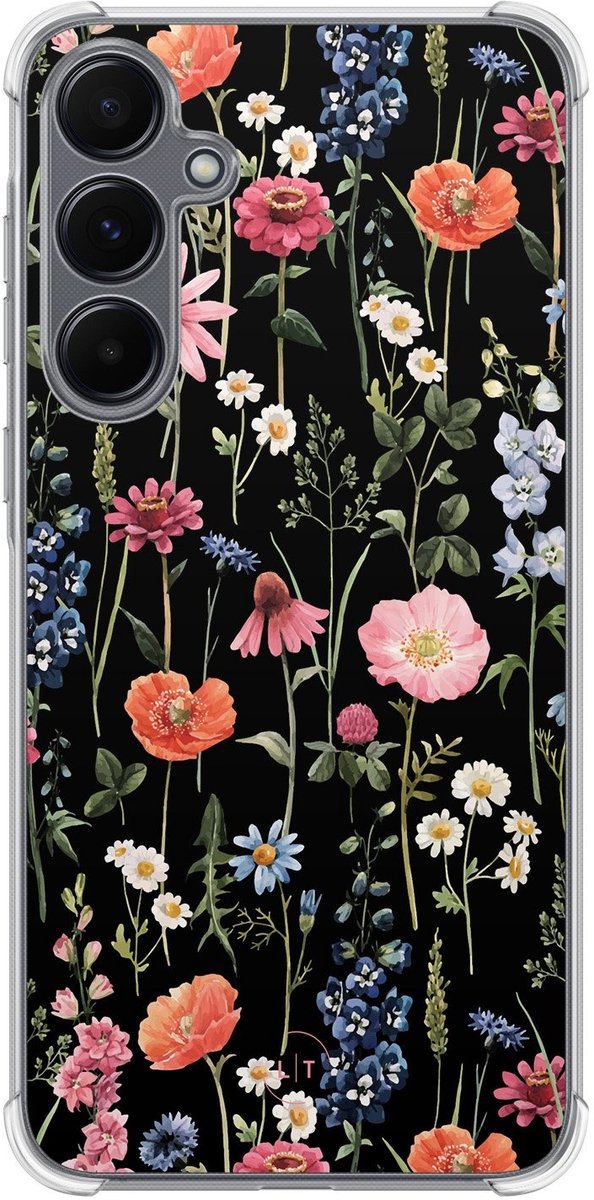 Shockproof hoesje - Geschikt voor Samsung Galaxy A15 - Dark flowers - Extra sterke case - TPU/polycarbonaat - Bloemen - Multi, Transparant
