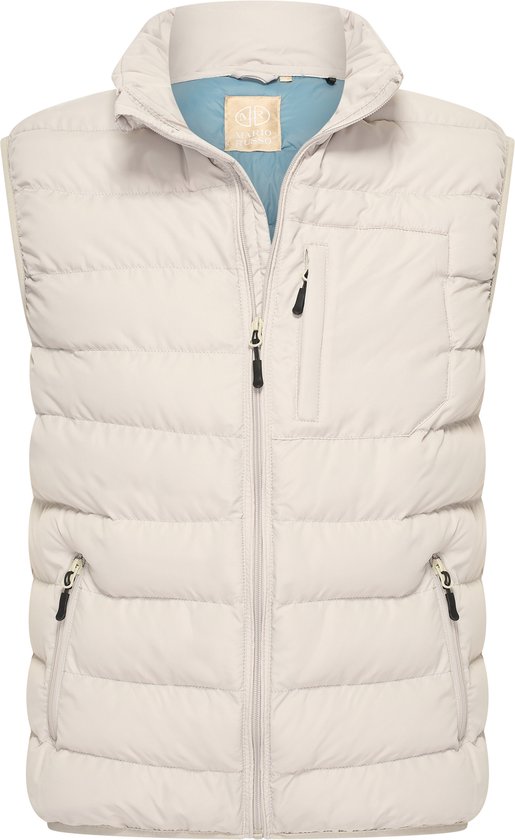 Lichtbeige bodywarmer met opstaande kraag, rits en opgestikte borstzak.