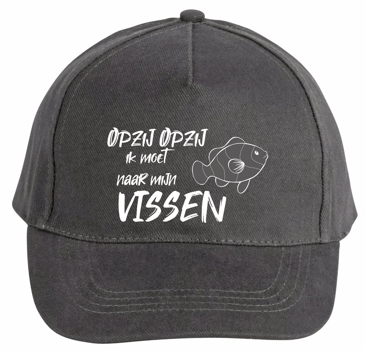 Mijncadeautje - 5 panel - Cap - Verstelbaar - Pet van 100% dik geborsteld katoen- unisex - opdruk wit - opzij opzij naar mijn vissen - chique grijs