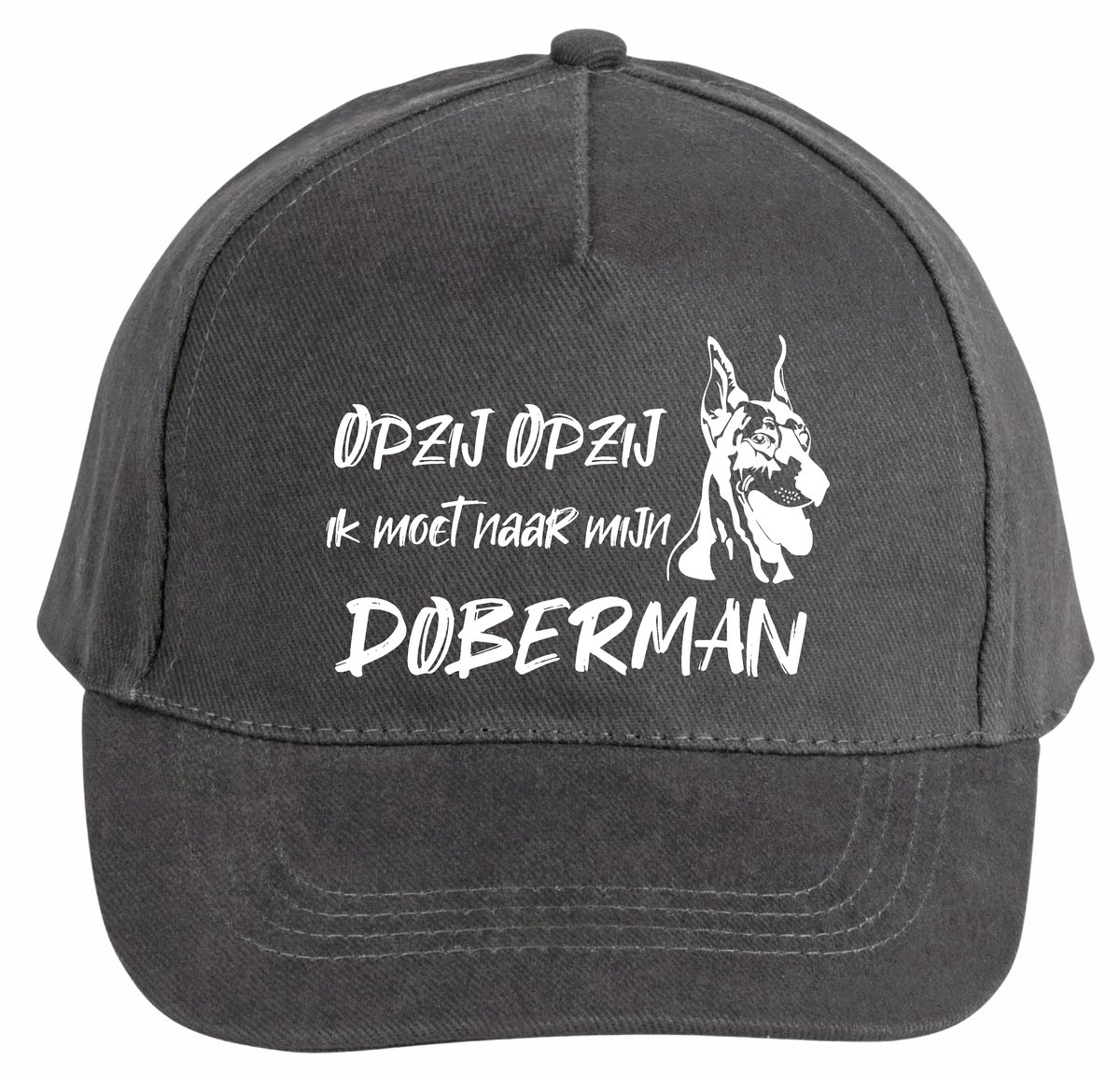 Mijncadeautje - 5 panel - Cap - Verstelbaar - Pet van 100% dik geborsteld katoen- unisex - opdruk wit - opzij opzij naar mijn doberman - chique grijs