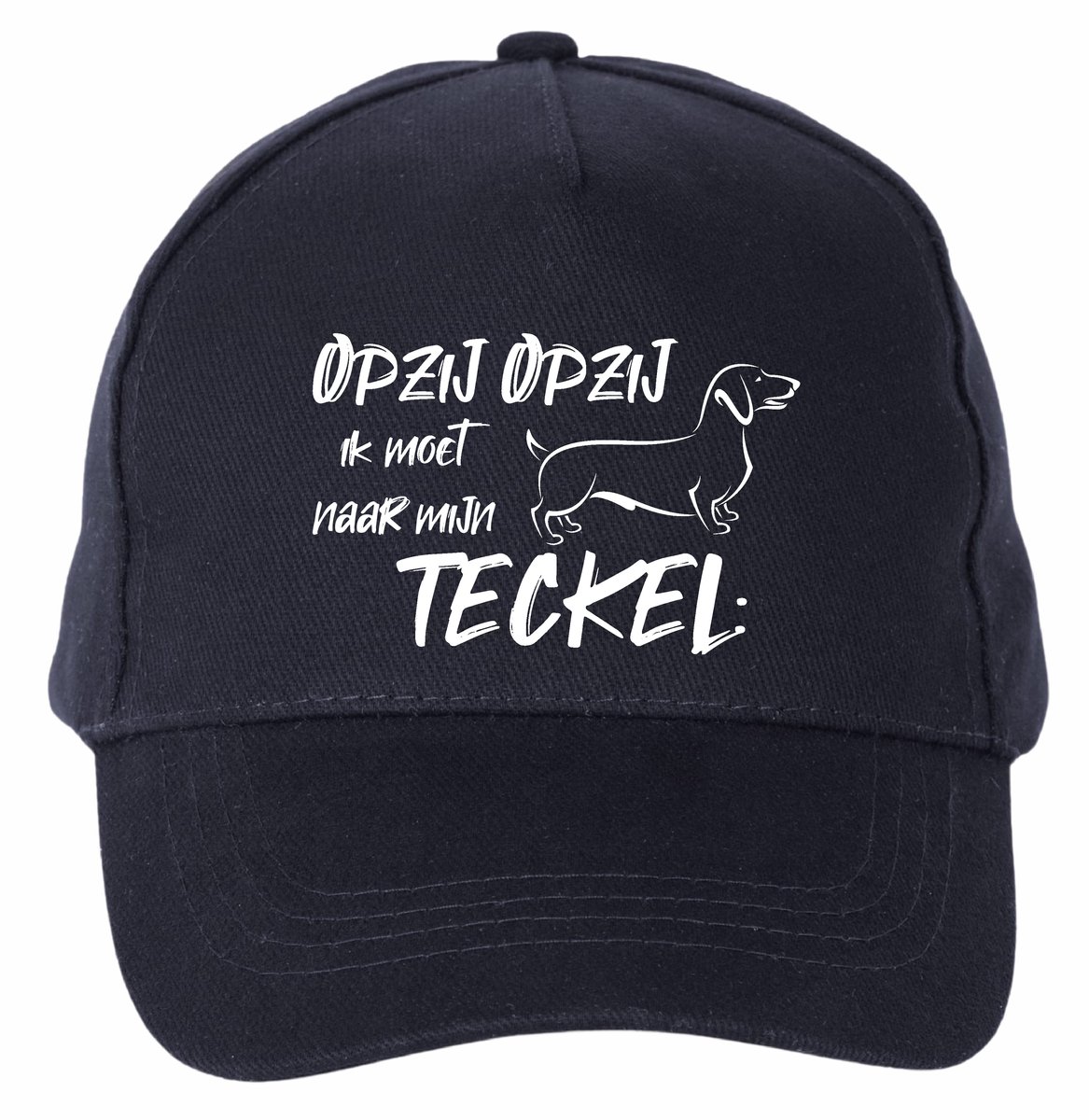 Mijncadeautje - 5 panel - Cap - Verstelbaar - Pet van 100% dik geborsteld katoen- unisex - opdruk wit - opzij opzij naar mijn teckel - navy blauw