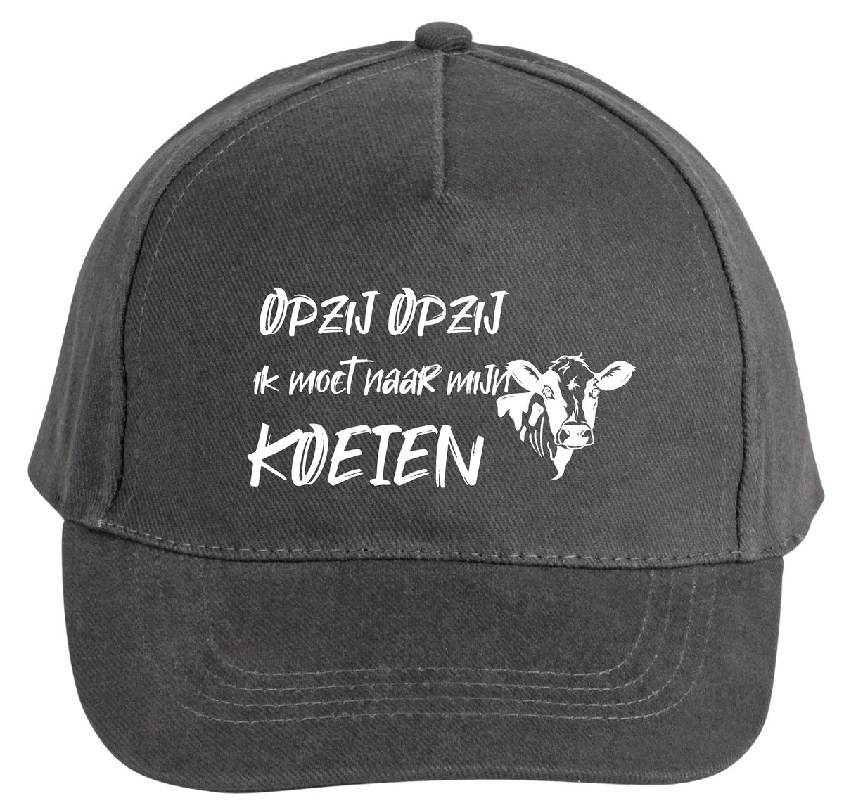Mijncadeautje - 5 panel - Cap - Verstelbaar - Pet van 100% dik geborsteld katoen- unisex - opdruk wit - opzij opzij naar mijn koeien - chique grijs