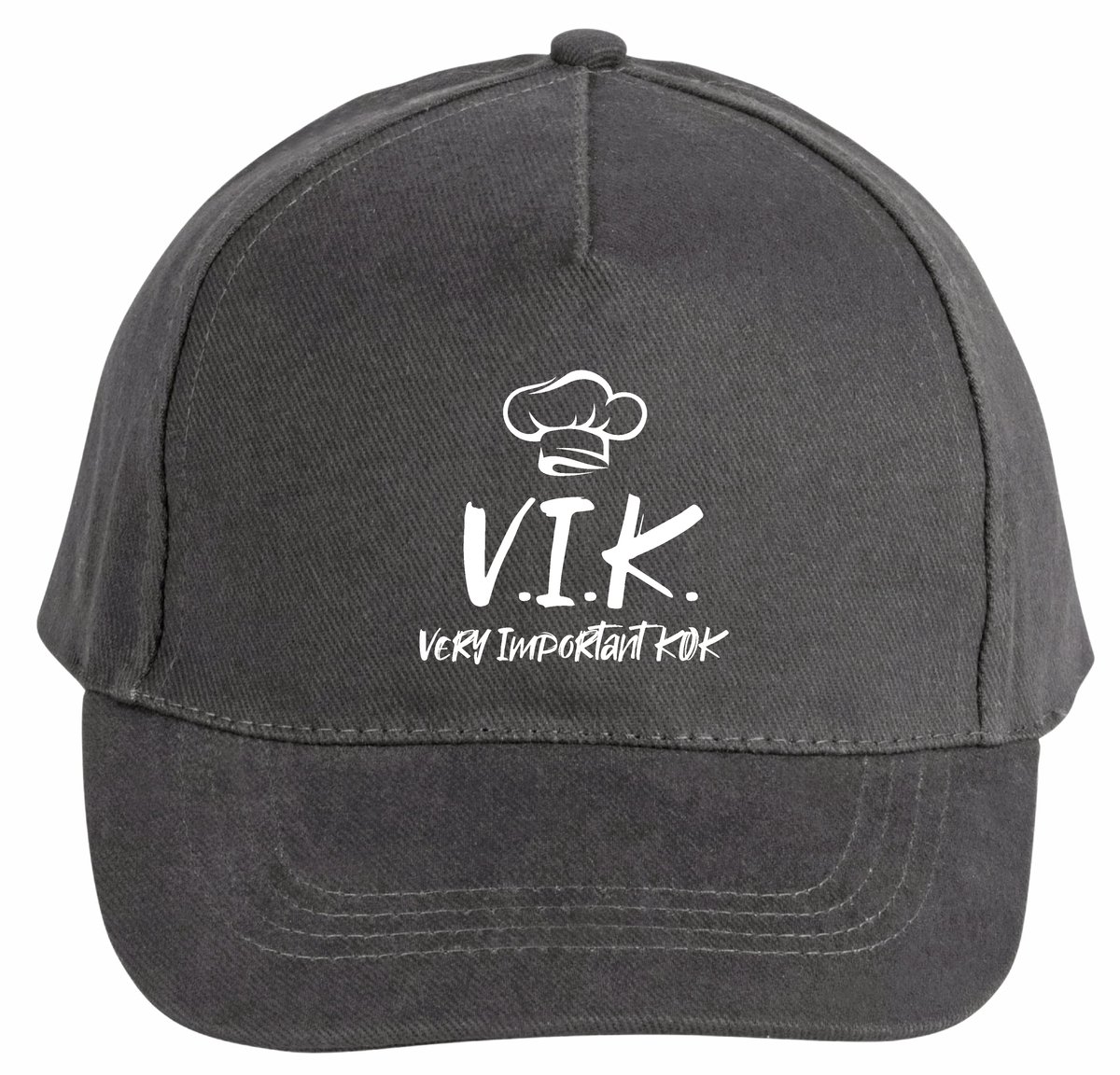 Mijncadeautje - 5 panel - Cap - Verstelbaar - Pet van 100% dik geborsteld katoen- unisex - opdruk wit - V.I.K. Very important Kok - chique grijs