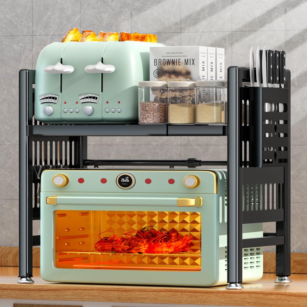 My Ninki ® Verstelbaar Keukenrek met Meshouder en Haken - Uitbreidbare Opbergruimte voor de Keuken