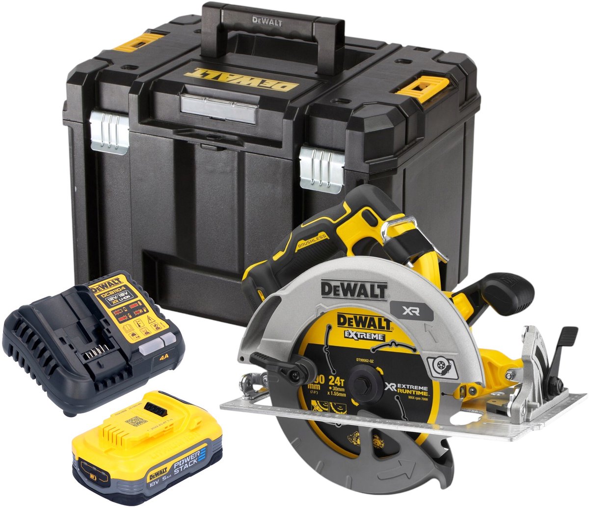 DeWalt DCS 573 H1T Accucirkelzaag 18 V 190 x 30 mm borstelloos + 1x Powerstack accu 5.0 Ah + lader + TSTAK