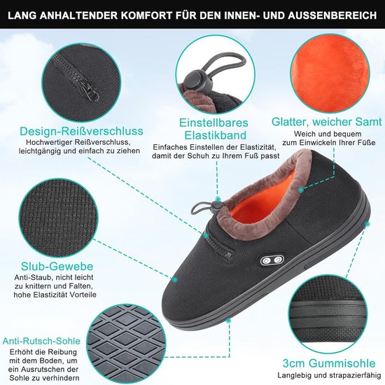 Zwarte pantoffel met ritssluiting, verstelbaar elastiek en zachte, pluche voering. Buitenmateriaal van slub-stof, anti-slipzool van 3cm rubber. Geschikt voor binnen en buiten.