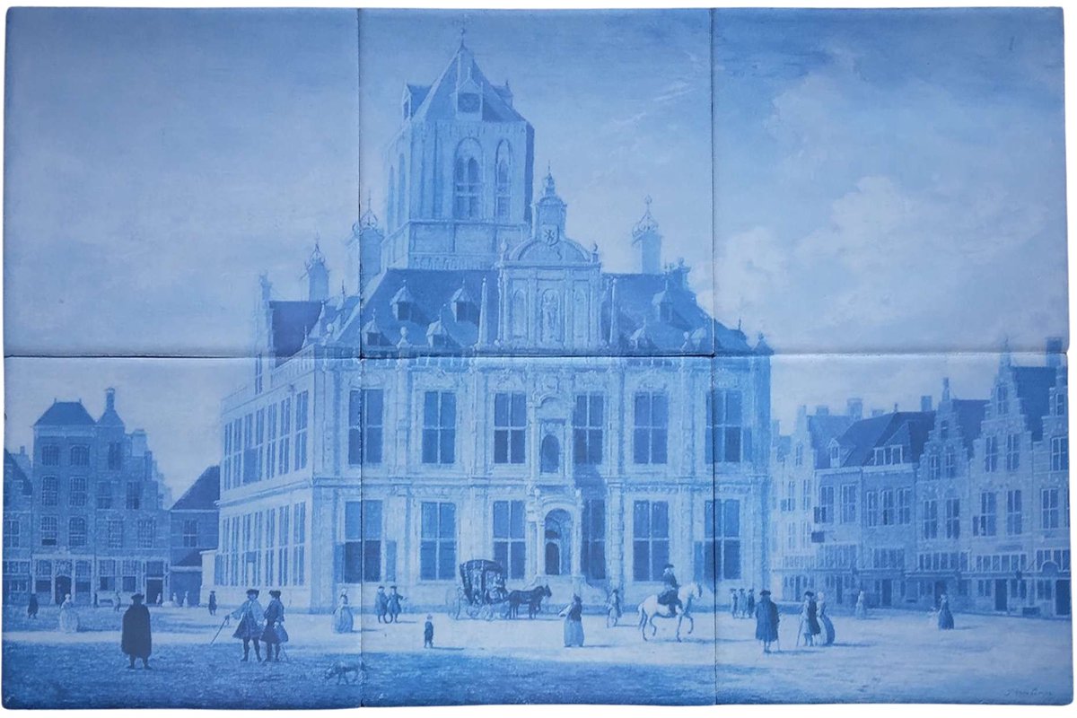 MadDeco Nederlands fabrikaat Delfts Blauw Stadhuis Delft op plateau van 6 tegels Friese Witjes 13 x 13 cm per tegel