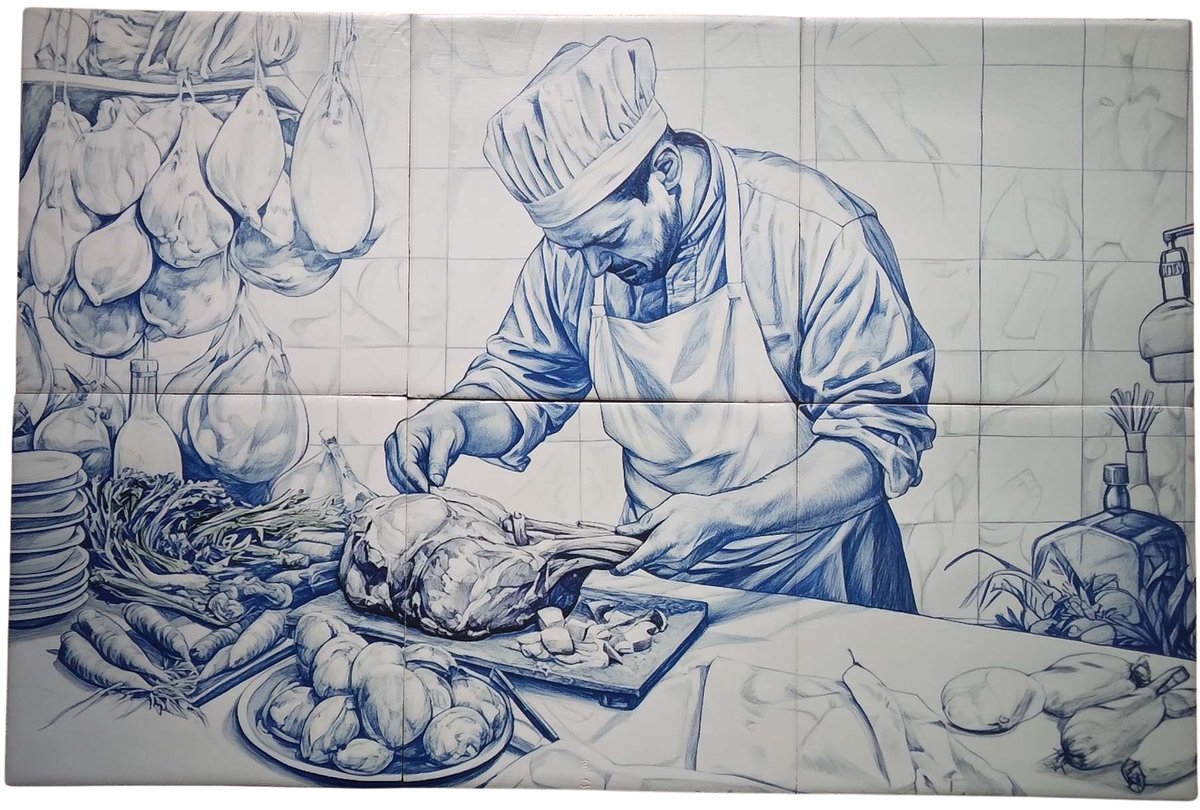 MadDeco Nederlands fabrikaat Traiteur Chef kok op Delfts blauw plateau van 6 tegels Friese Witjes 13 x 13 cm per tegel