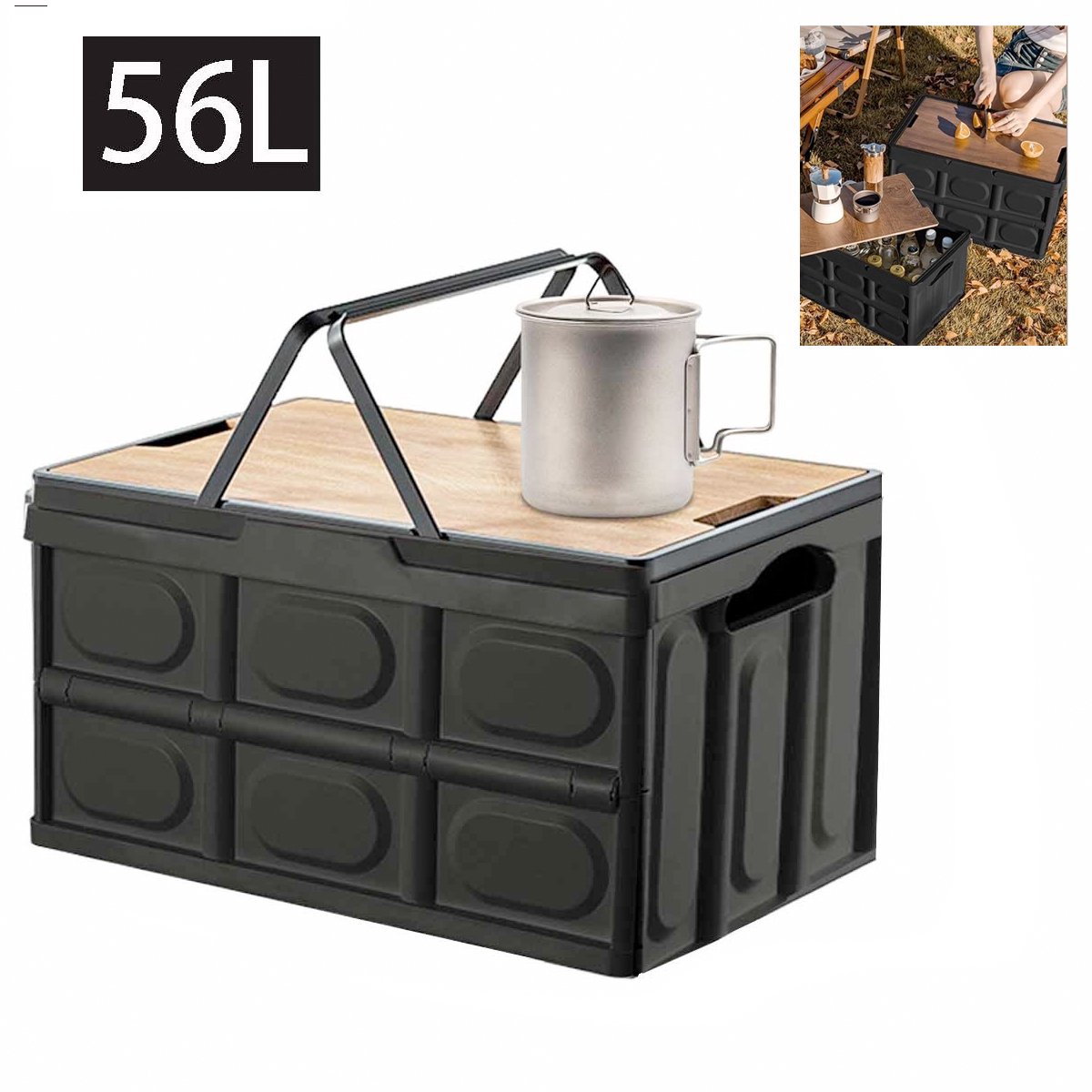 Campingbox met Deksel-Opvouwbare camping opbergkist-56 liter Hoog volumeOrganizer Campingbox-Met draaggreep-Met tafelblad-Opbergdoos-Campingtafel-Voor -Camping-Thuis-Kantoor-Auto(Zwart)