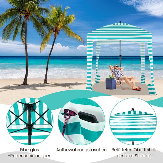 COSTWAY Zonwering met afneembare zijwand en 8 zandzakken, draagbare strandtent met draagtas, outdoor-schaduw voor strand, camping, picknick, 183 x 183 cm (wit-groen) van Merkloos — afbeelding 2