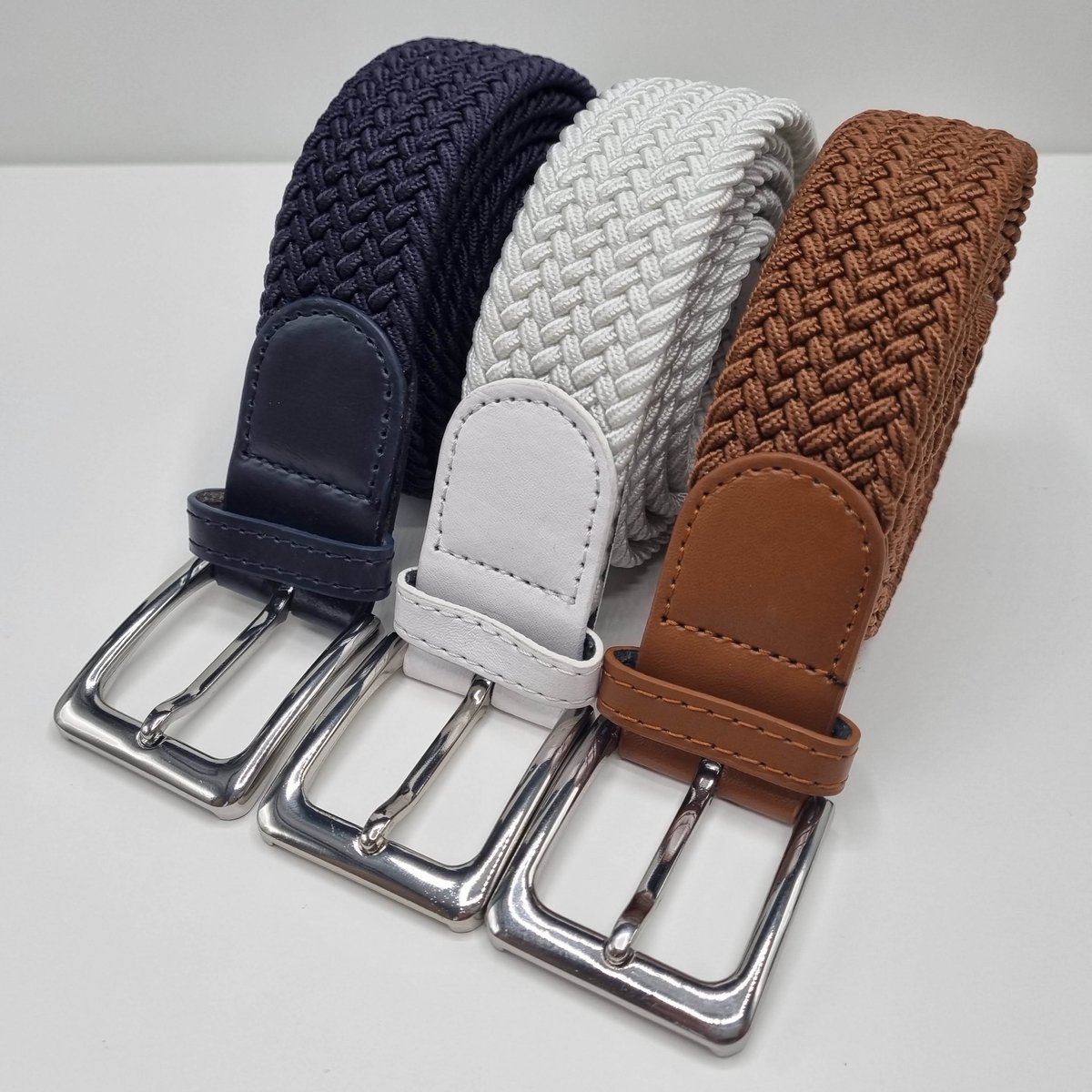 3 pack deal - Elastische riem - gevlochten broekriem - dames en heren riemen - Kleur 1 Bruin 2 Wit 3 Blauw 120 cm