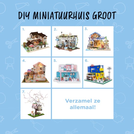 Overzicht van verschillende DIY miniatuurhuisjes. Zeven verschillende modellen met diverse thema's, waaronder strandhuizen.