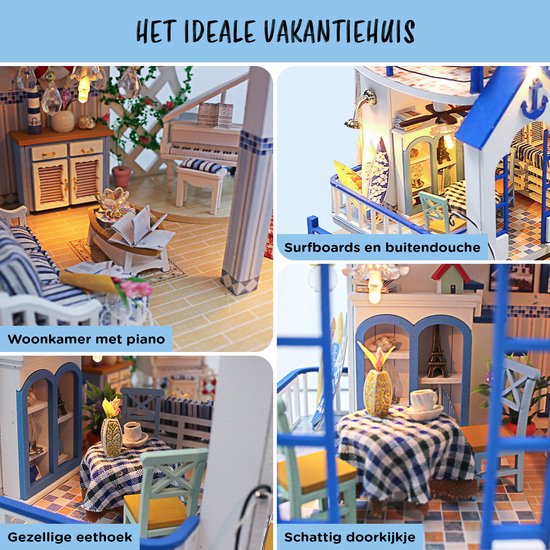 Collage van details van miniatuur strandhuis: woonkamer met piano, buiten douche, gezellige eethoek en schattig doorkijkje.
