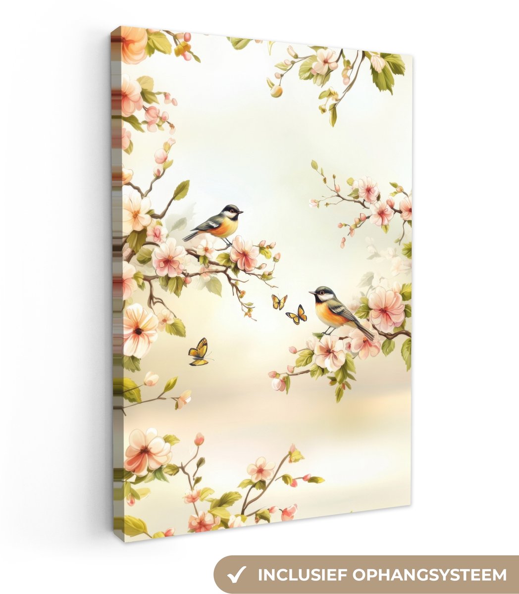 Canvas schilderij 80x120 cm - Exclusieve wanddecoratie Takken - Bloemen - Vogeltjes - Roze