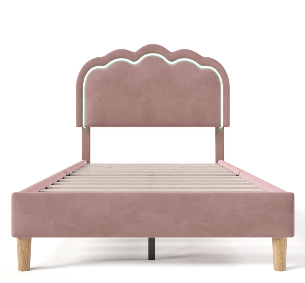 Merax Gestoffeerd Bed LED Eenpersoonsbed 90 x 190 cm, Bedframe met Lattenbodem en Verstelbaar Hoofdeinde, Roze, Bedframe, Fluweel