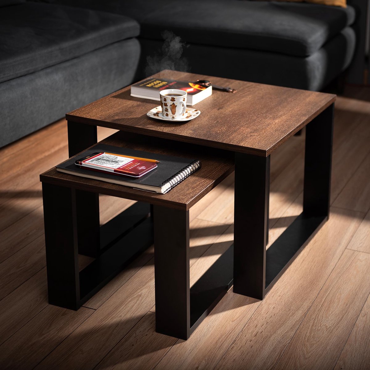 My Ninki ® Moderne Industriële Salontafel Set van Twee met Houten Blad en Zwart Frame voor Woonkamer