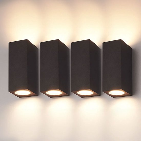 HOFTRONIC - 4x Selma Wandlamp Zwart - Up and Down - GU10 Fitting - 2 Lichtpunten - IP44 Waterdicht - Buitenlamp - Tuinverlichting - Wandspot binnen en buiten