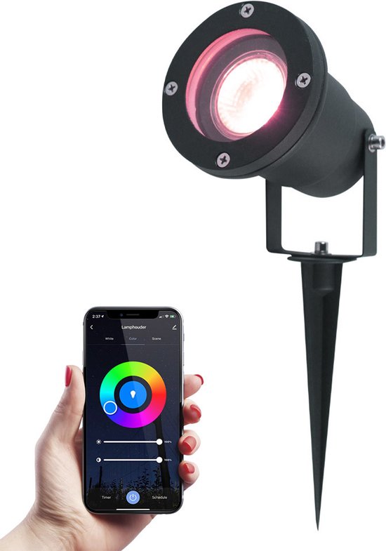 Hoftronic Smart Sydney - Smart tuinspot voor buiten - LED - Zwart - Besturing via app - WiFi - Bluetooth - Waterdicht - Slimme verlichting - 5.5 Watt - 400 lumen - 230V - RGBWW - Verwisselbare GU10 - Voor het uitlichten van planten/struiken en bomen