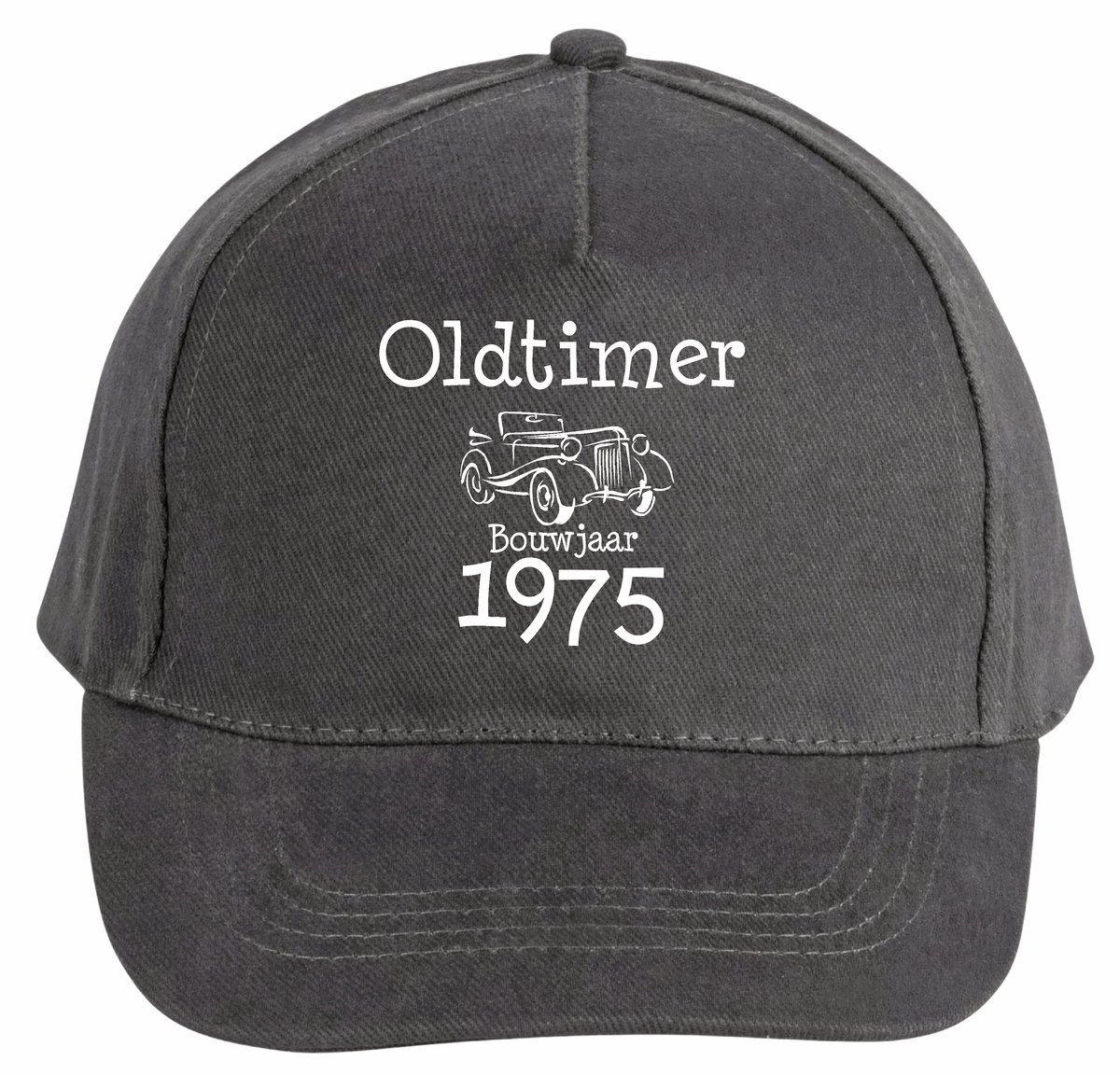 Mijncadeautje - 5 panel - Cap - Verstelbaar - Pet van 100% dik geborsteld katoen- unisex - opdruk wit - Oldtimer 1975 - chique grijs