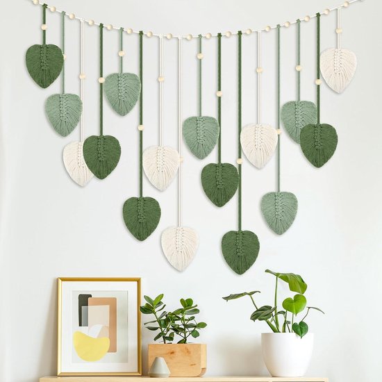Gevlochten Bladeren Wandtapijt - Boho Macramé Wandbehang 120 X 75 Cm Met Houten Kralen