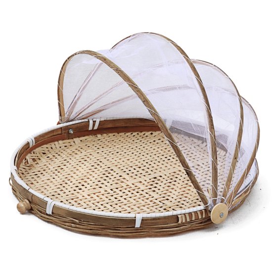 Panier à vaisselle rond tressé à la main - Panier alimentaire en Bamboe avec couvercle en Grillage - Tente Nourriture couverte - Idéal pour les pique-niques, les buffets et les événements en plein air - Design écologique - Forme ronde - 40 cm